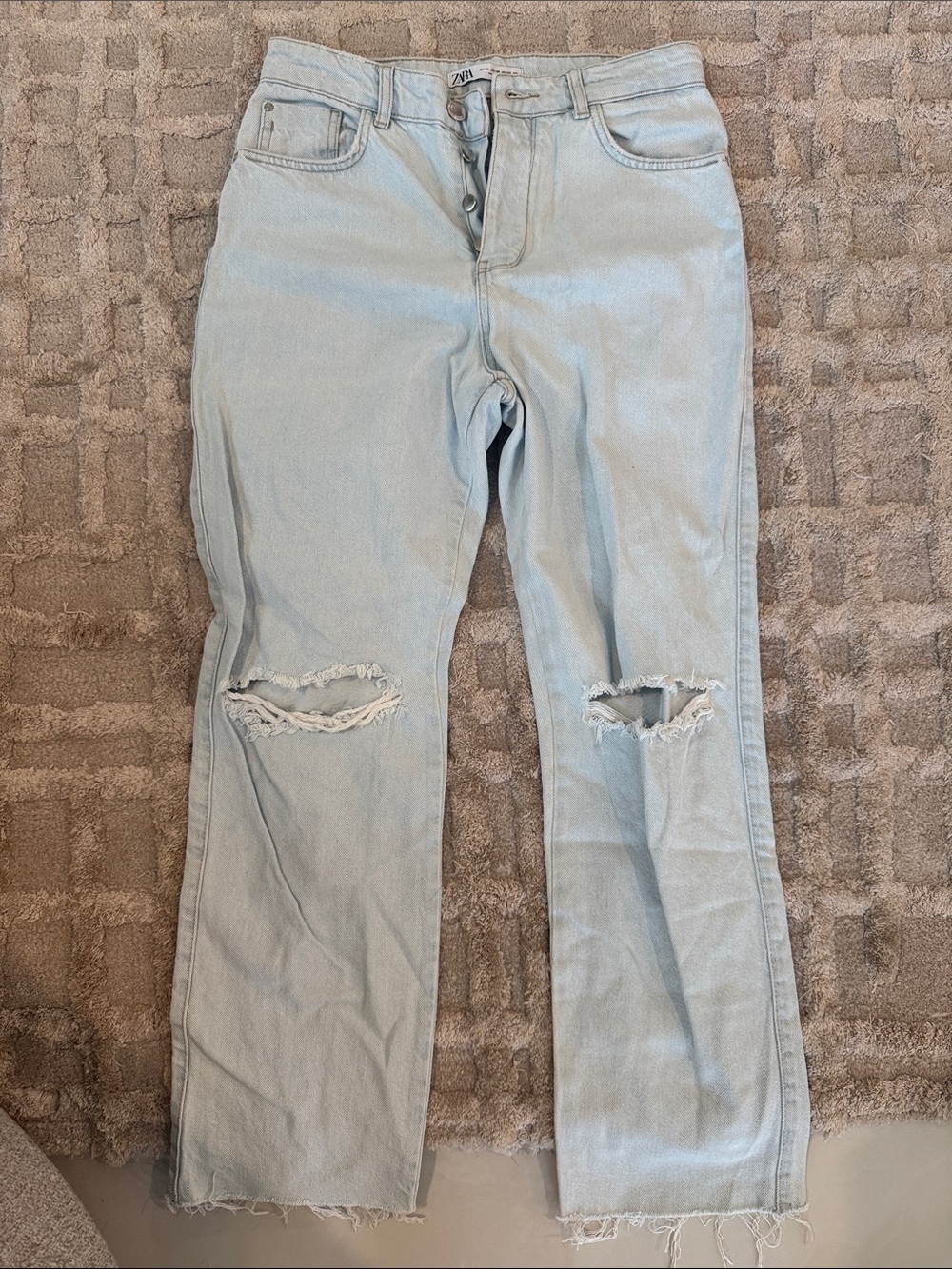 Zara Pale Blue Straight-Leg Distressed Jeans